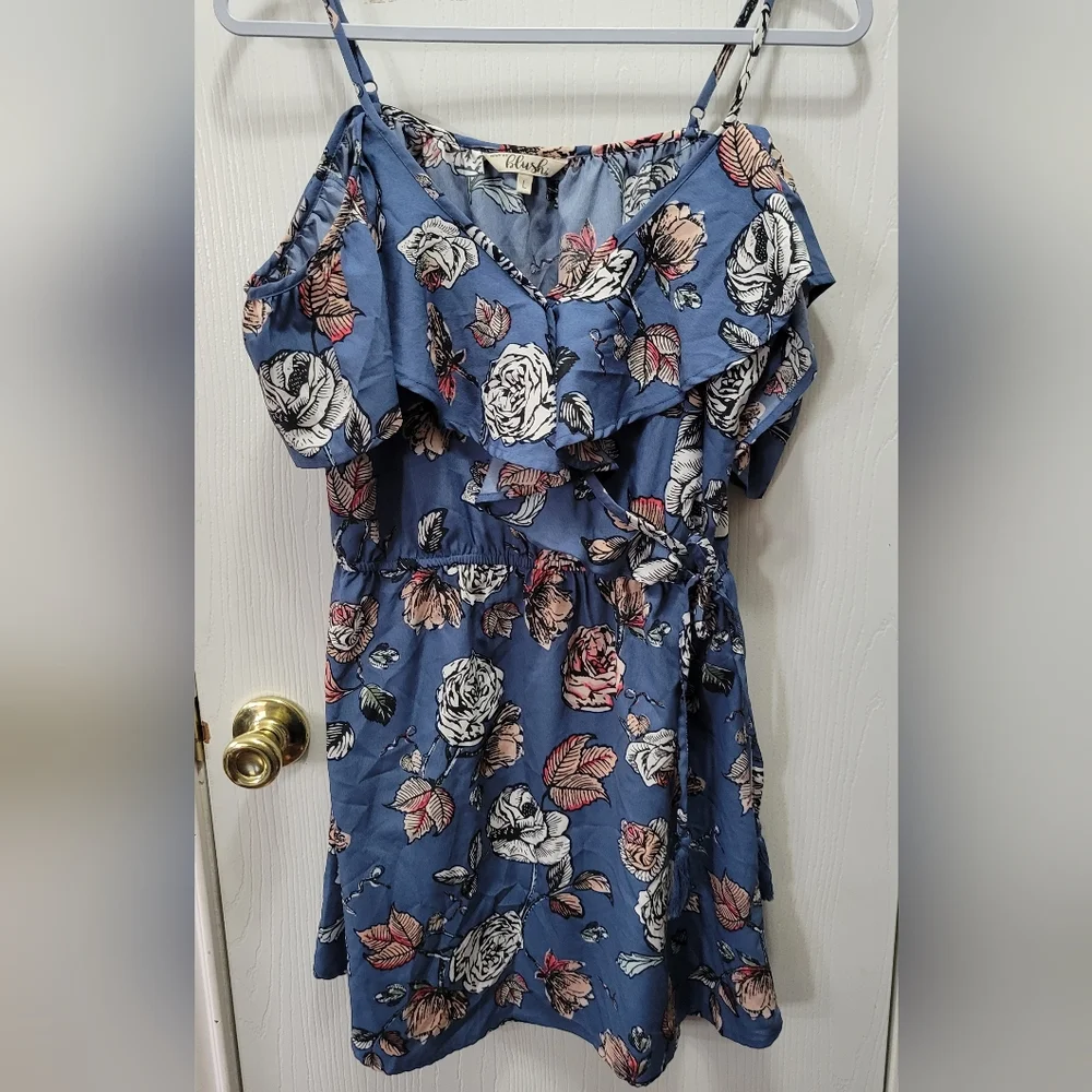 Blue Floral Off-Shoulder Mini Dress - Picture 2 of 10